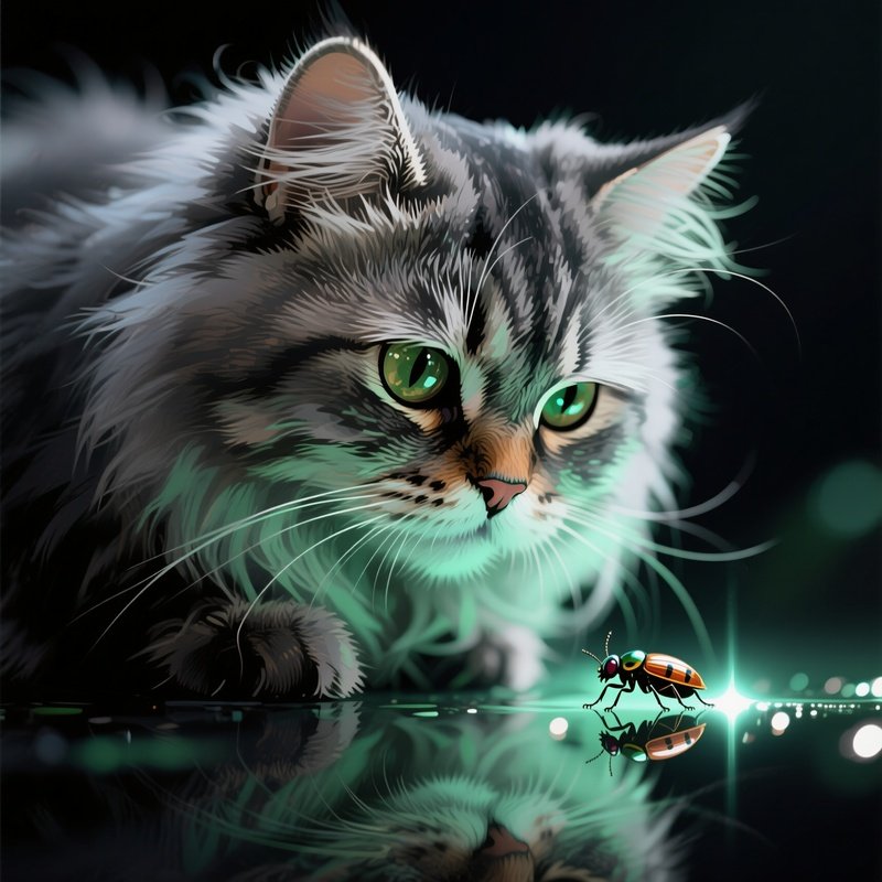 A Digital Art Persian Cat Staring Intensely At A Bug Light Reflection