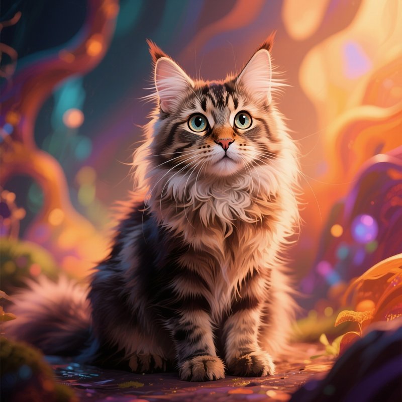 A Digital Art Render Of A Maine Coon Cat Sitting With Wide Curious Eyes