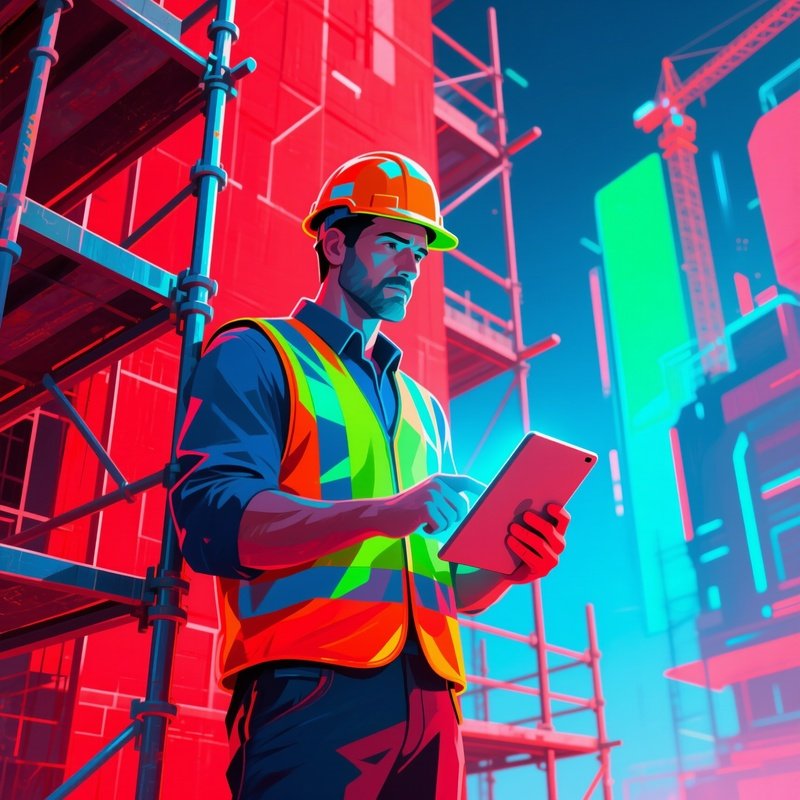 A Digital Art Representation Of A Foreman Giving Instructions With A Tablet Near Scaffolding