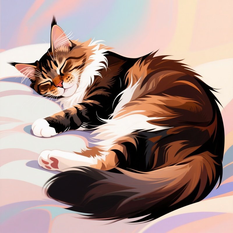 A Digital Art Representation Of A Sleeping Maine Coon Belly Up