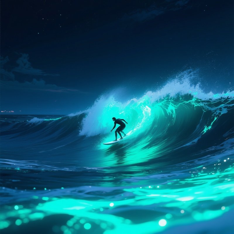 A Digital Art Representation Of A Surfing Scene On A Bioluminescent Ocean At Midnight