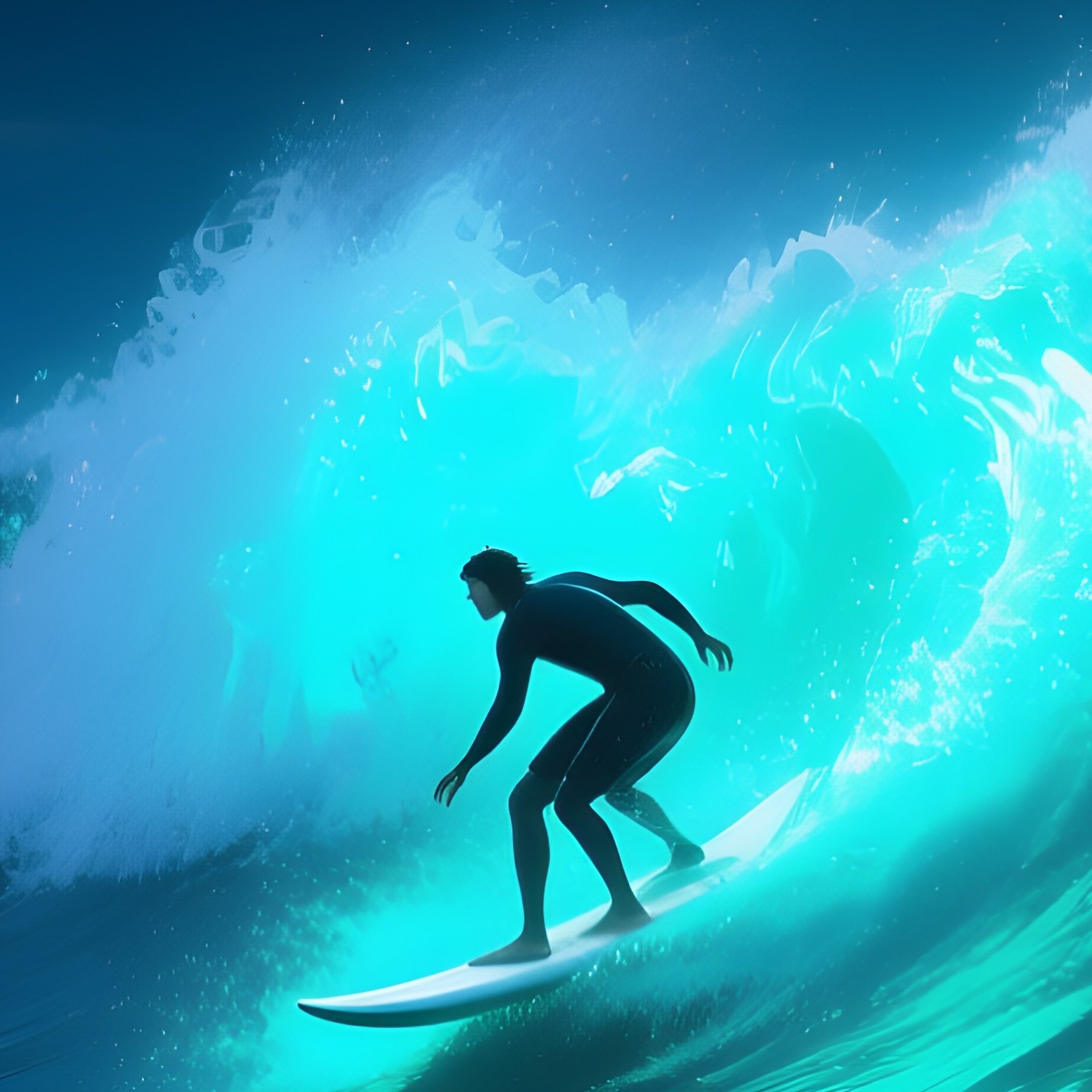 A Digital Art Representation Of A Surfing Scene On A Bioluminescent Ocean At Midnight - Full Resolution Quality Preview