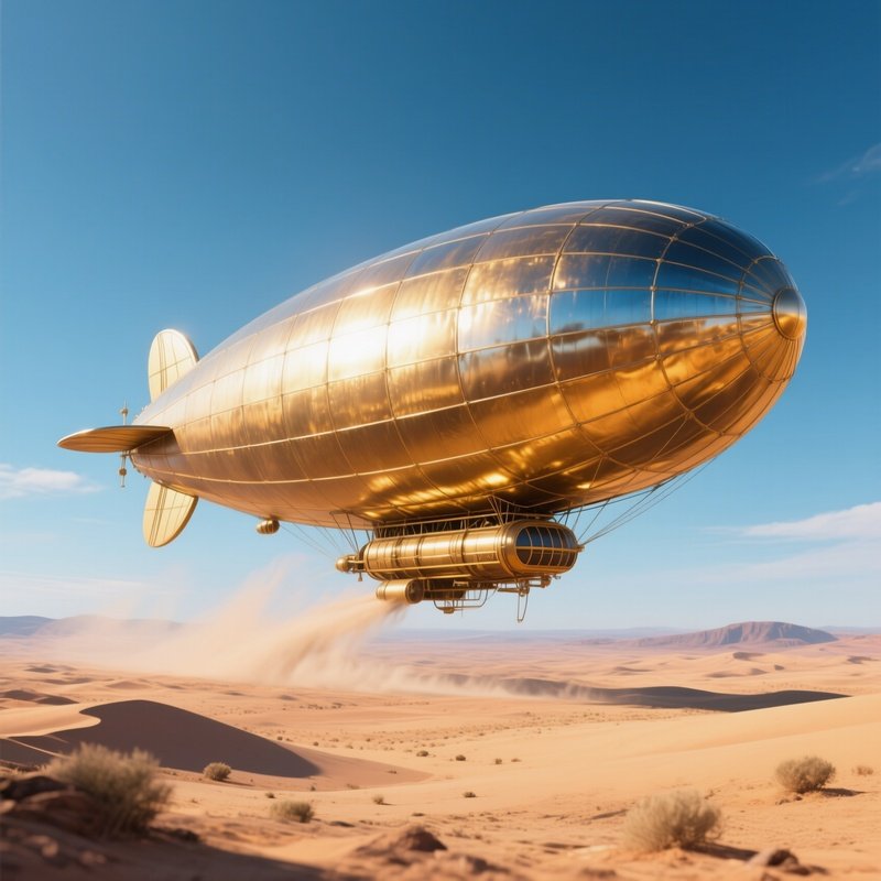 A Digital Art Zeppelin Flying Low Over The Desert