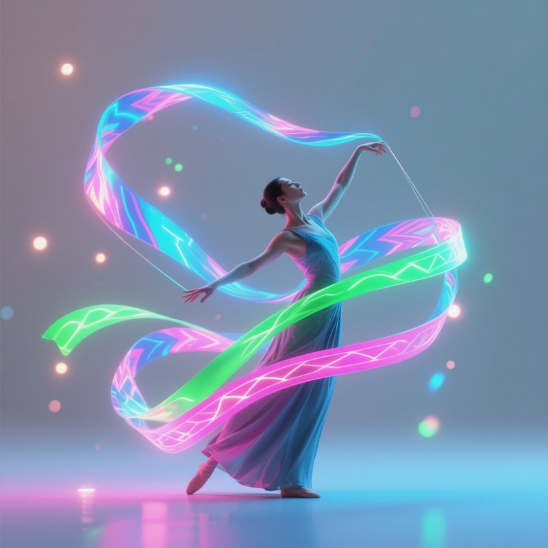 A Digital Artist Rendering Of A Performer Twirling Long Ribbons Capturing Coloured Light