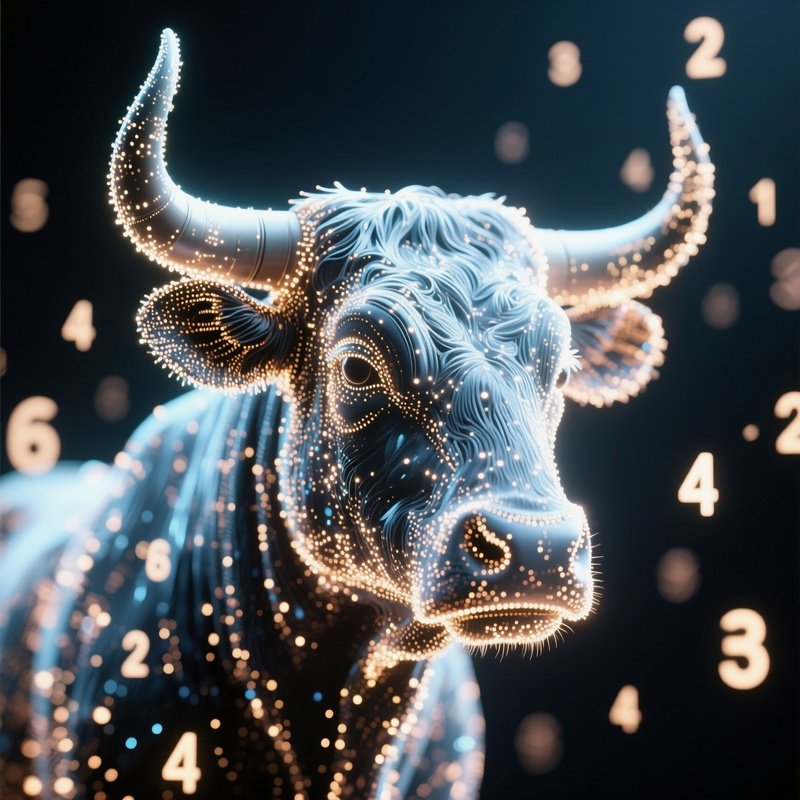 A Digital Bull Head Made Of Light Particles Surrounded By Numbers