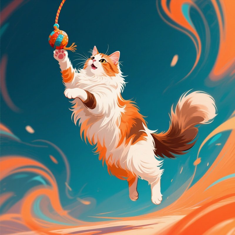 A Digital Illustration Of A Turkish Van Cat Playing With A Toy In The Air