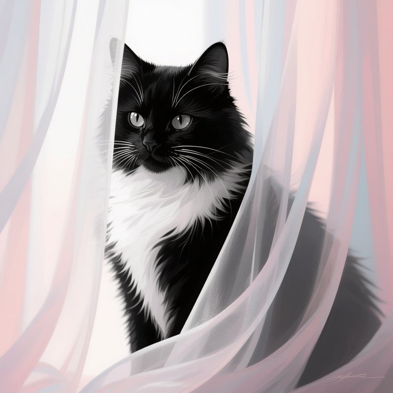 A Digital Illustration Of A Turkish Van Sneaking Between Curtains