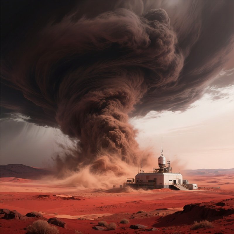 A Digital Image Of A Scientific Illustration Of Mars Dust Storm Approaching Base