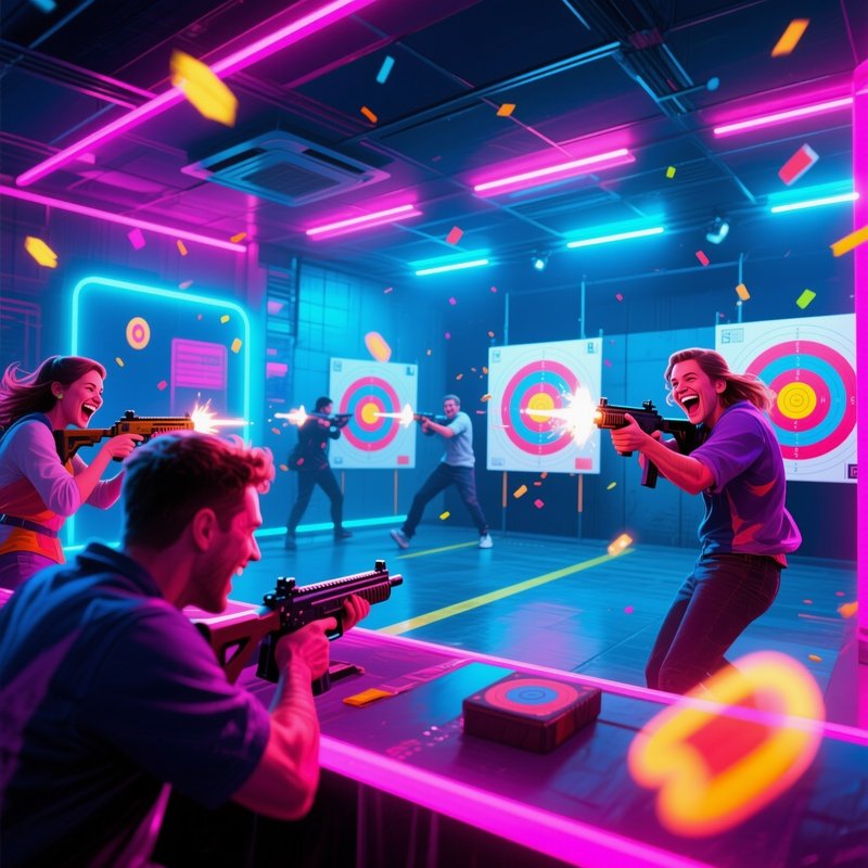 A Digital Representation Of A Bustling Shooting Gallery With Neon Targets And Smiling Players