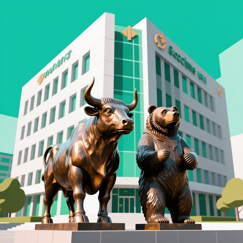 A Digital Representation Of A Statue Pair In Front Of A Modern Exchange Building