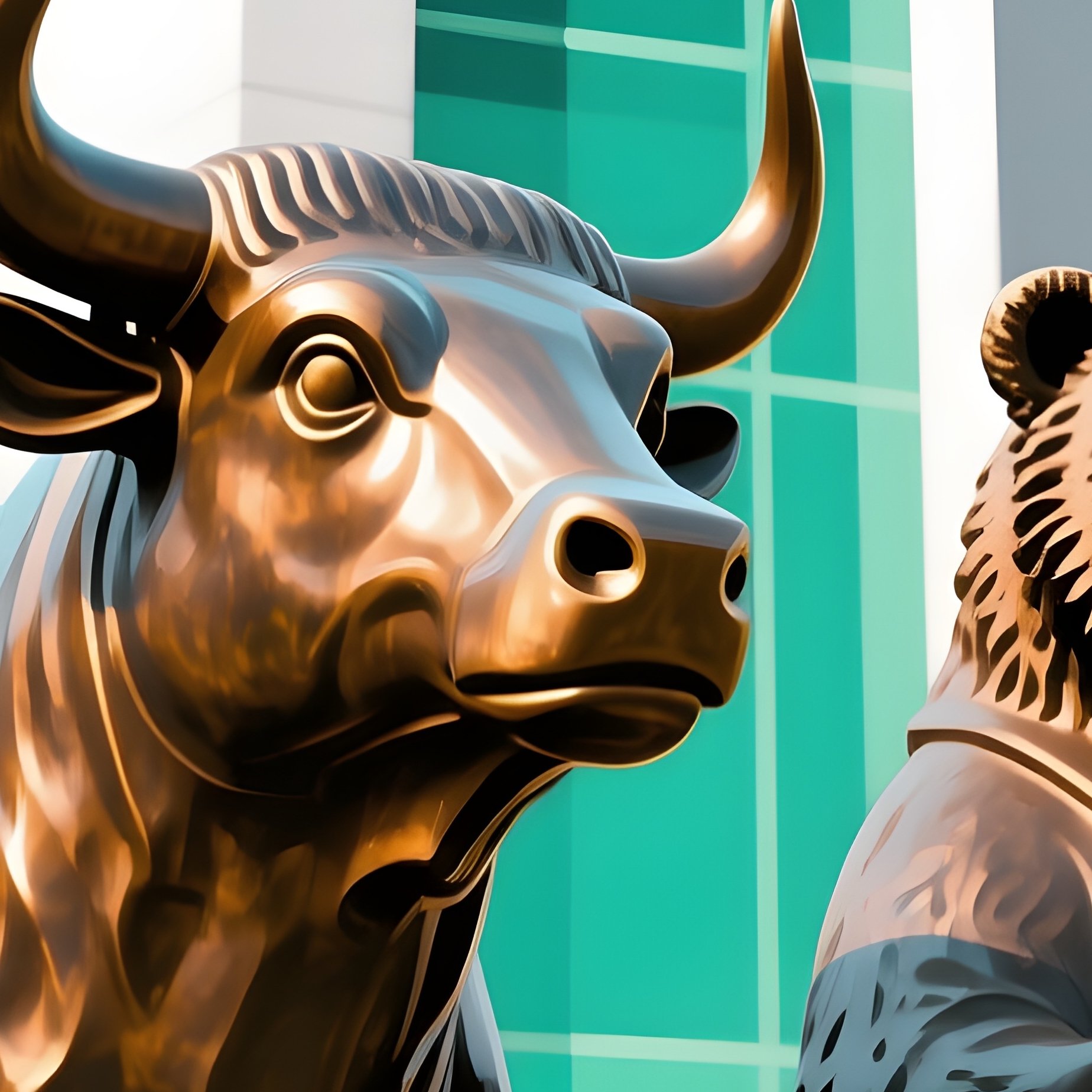 A Digital Representation Of A Statue Pair In Front Of A Modern Exchange Building - Full Resolution Quality Preview