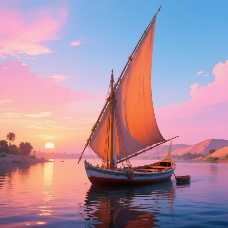 A Digital Representation Of A Traditional Felucca Boating Down The Nile At Sunset