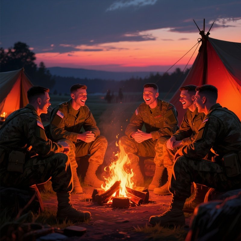 A Digital Representation Of Soldiers Standing Around A Campfire At Dusk