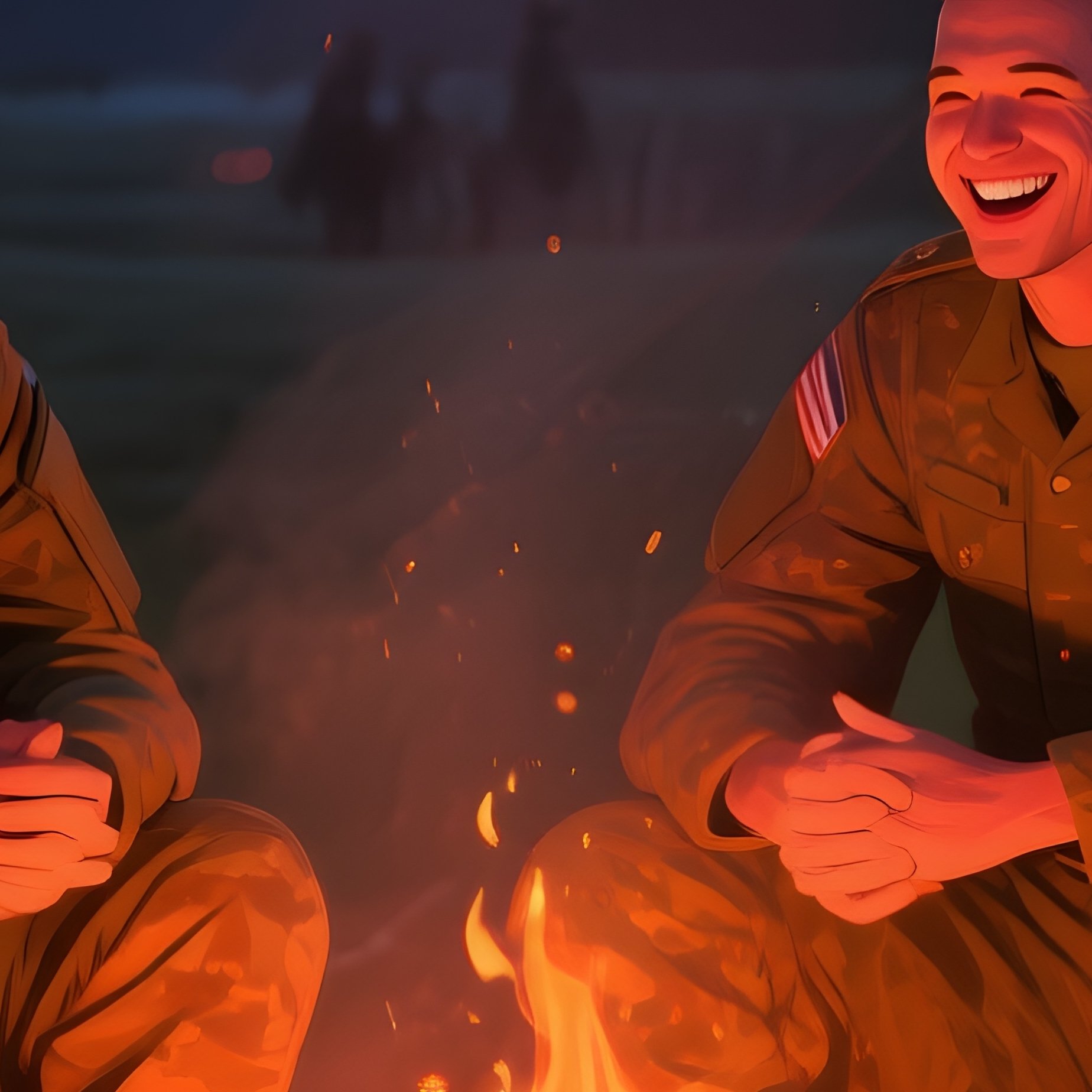 A Digital Representation Of Soldiers Standing Around A Campfire At Dusk - Full Resolution Quality Preview
