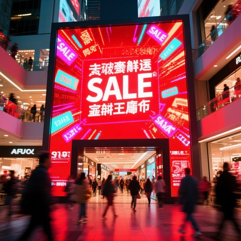 A Digital Screen Showing Flashing Sale Animations In A Mall