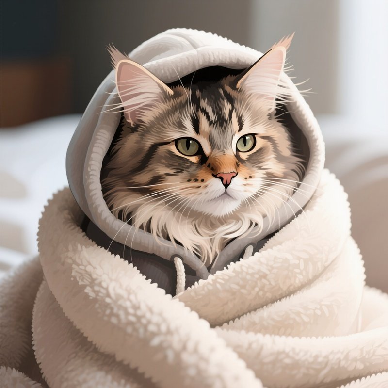 A Digitally Illustrated Maine Coon Cat In A Hoodie Or Blanket