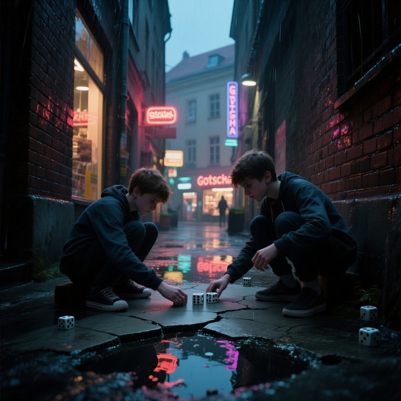 A Dimly Lit Alley In Berlin At Dusk, Rain Glistening On Wet Brick Walls As Two Teenagers Roll Dice