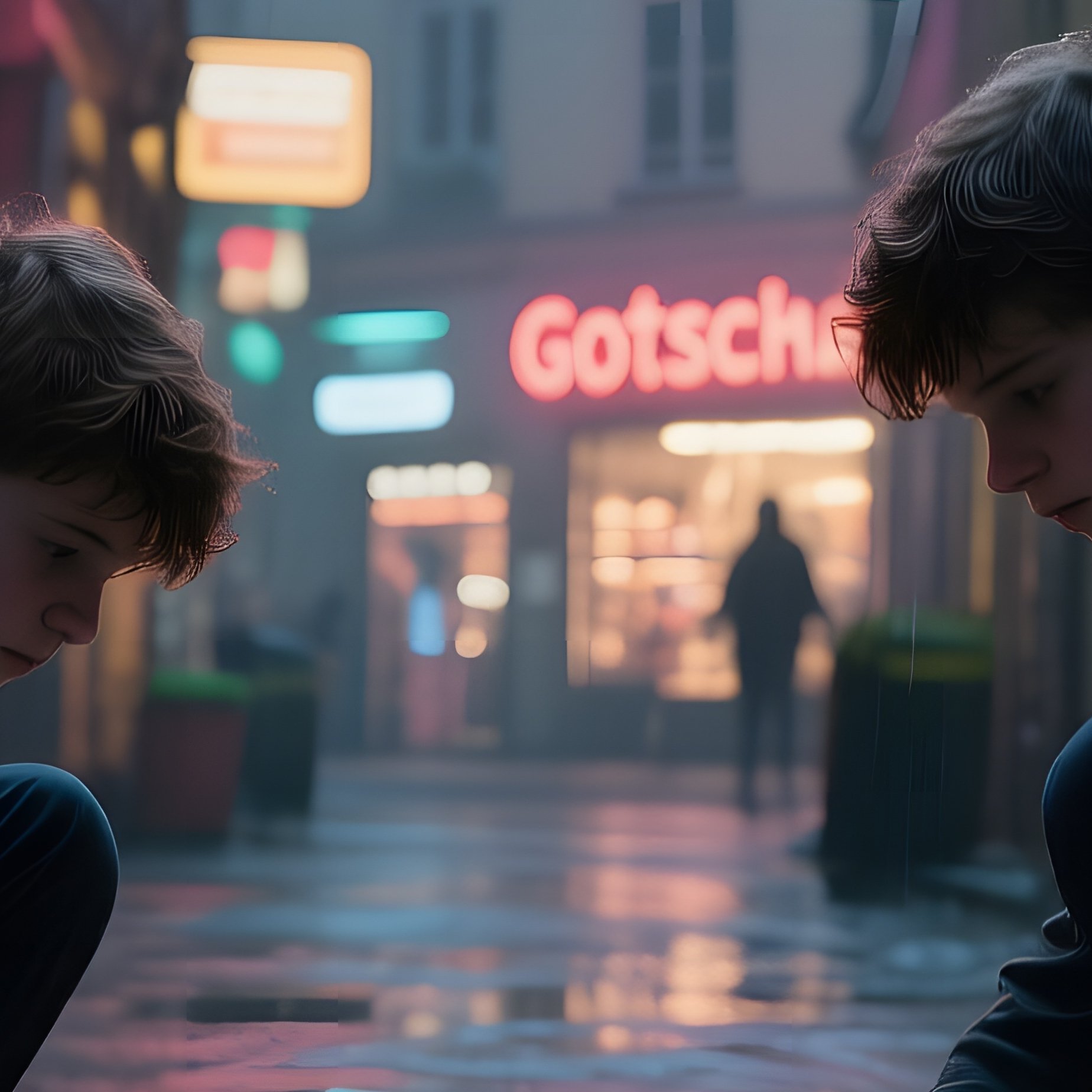 A Dimly Lit Alley In Berlin At Dusk, Rain Glistening On Wet Brick Walls As Two Teenagers Roll Dice - Full Resolution Quality Preview