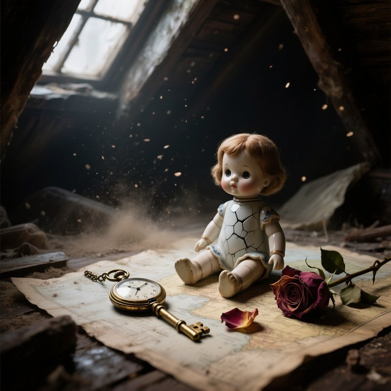 A Dimly Lit Attic Filled With Dust Motes, Where A Cracked Porcelain Doll Sits Beside A Tarnished