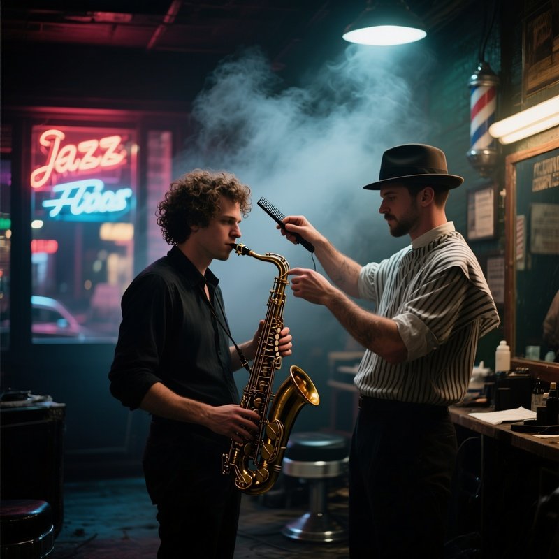A Dimly Lit Jazz Club Backstage, Smoky Atmosphere; A Saxophonist With Shaggy Curls Receives A Quick