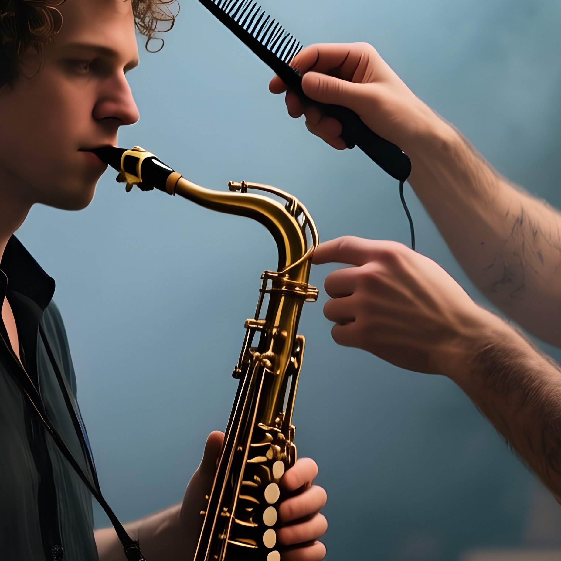 A Dimly Lit Jazz Club Backstage, Smoky Atmosphere; A Saxophonist With Shaggy Curls Receives A Quick - Full Resolution Quality Preview