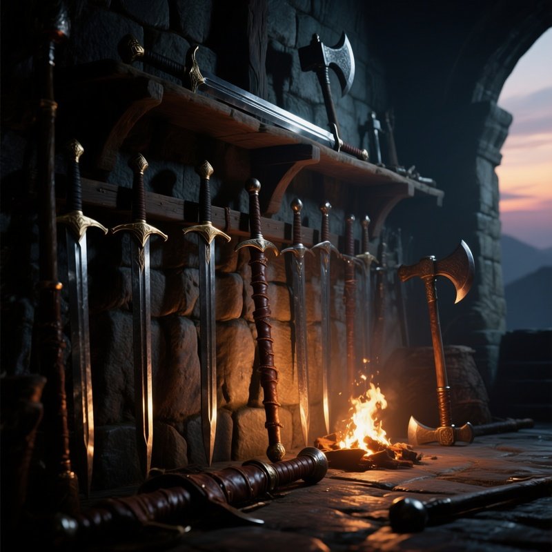 A Dimly Lit Medieval Armory At Dusk, With Racks Of Swords, Maces, And Axes Casting Long Shadows