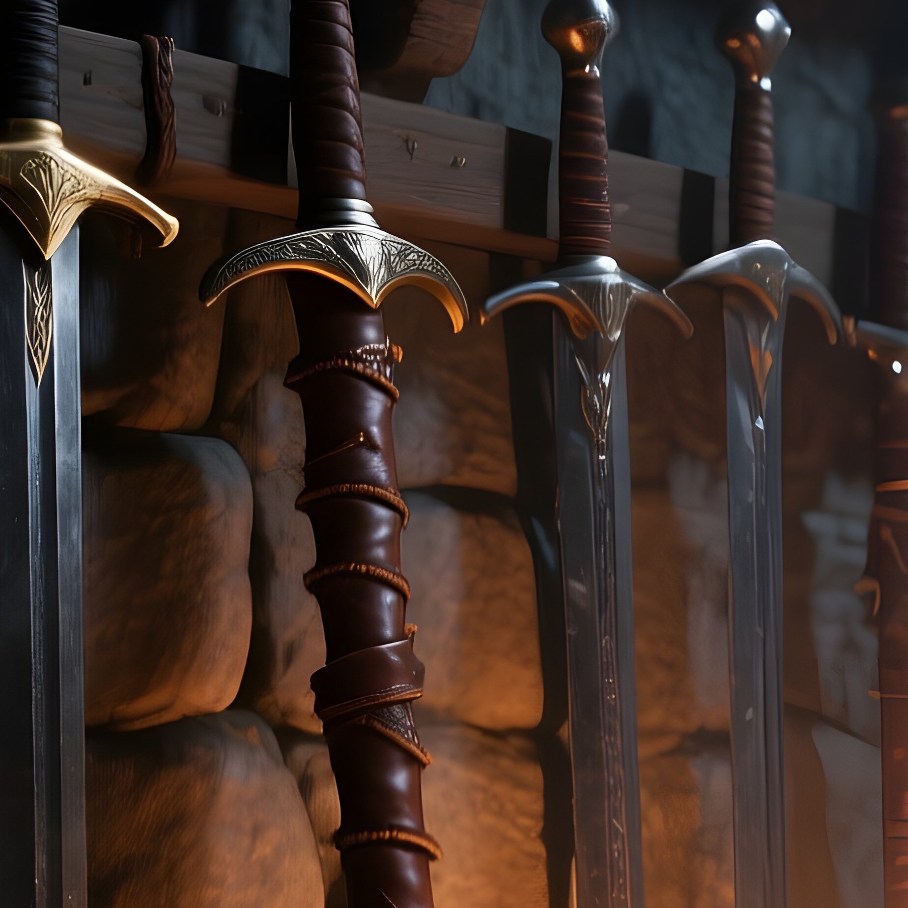 A Dimly Lit Medieval Armory At Dusk, With Racks Of Swords, Maces, And Axes Casting Long Shadows - Full Resolution Quality Preview