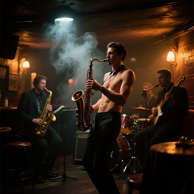A Dimly Lit Underground Speakeasy With Jazz Musicians, A Nude Saxophonist Playing Passionately,
