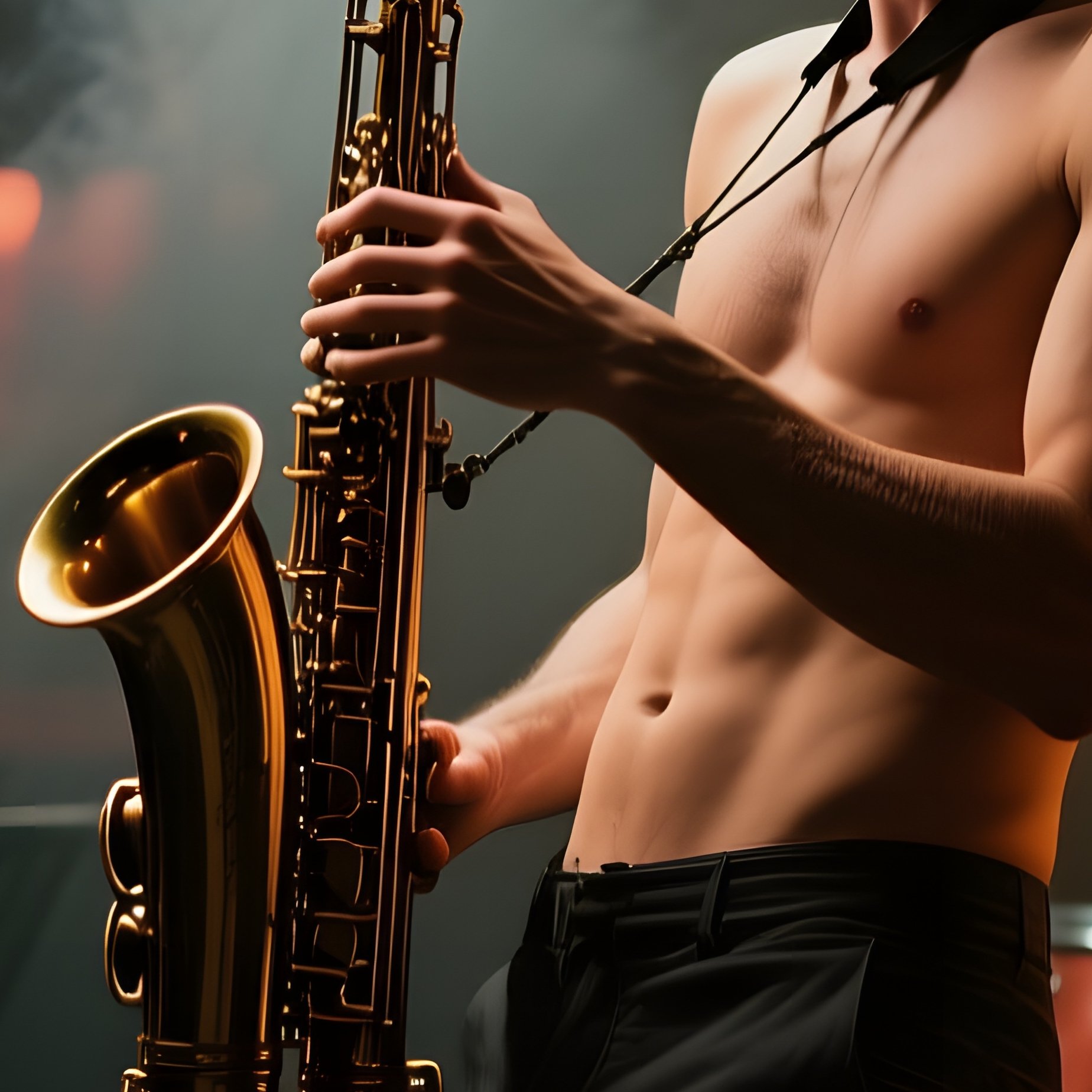 A Dimly Lit Underground Speakeasy With Jazz Musicians, A Nude Saxophonist Playing Passionately, - Full Resolution Quality Preview