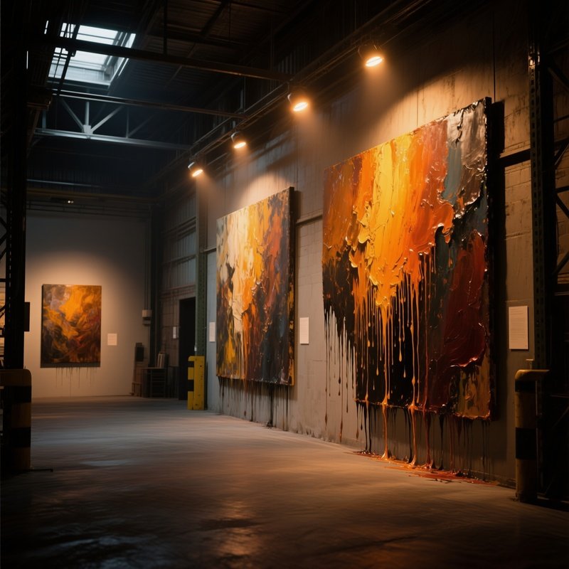 A Dimly Lit Warehouse Converted Into An Avant Garde Exhibit, Where Large Canvases Of Textured Oil