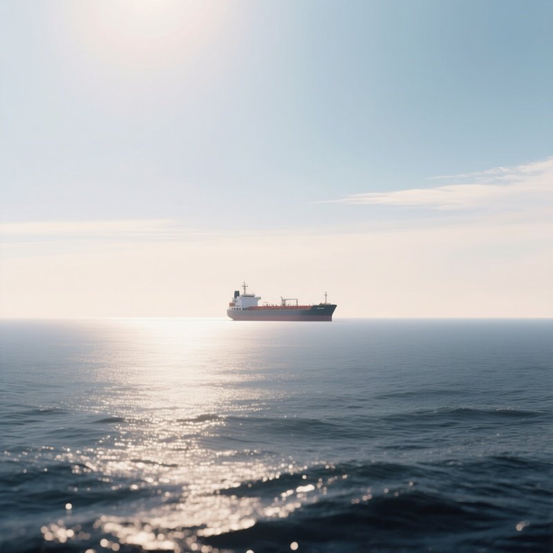 A Distant Tanker Barely Visible On The Bright Horizon Line