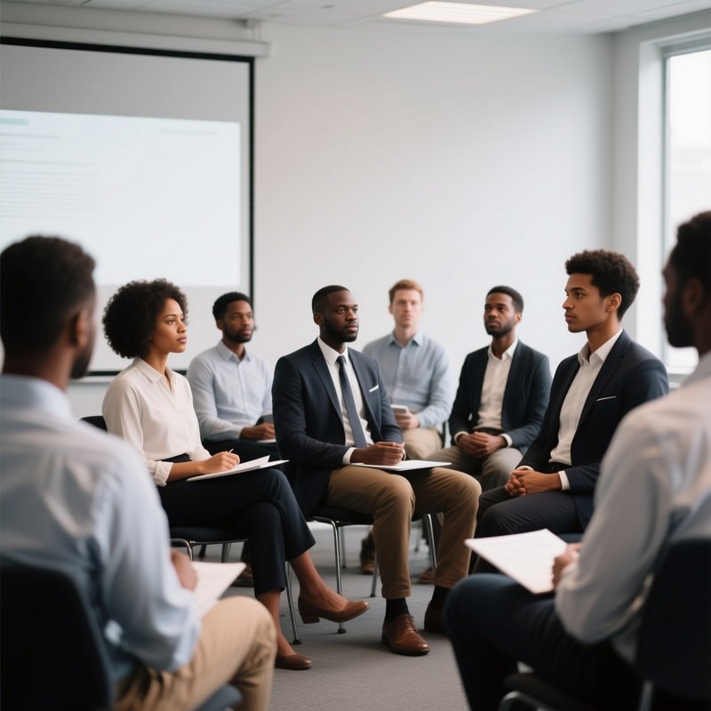 A Diverse Group Of White And Black People Attending A Business Workshop.