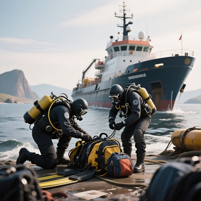 A Diving Support Vessel Preparing Gear Near An Expedition Zone