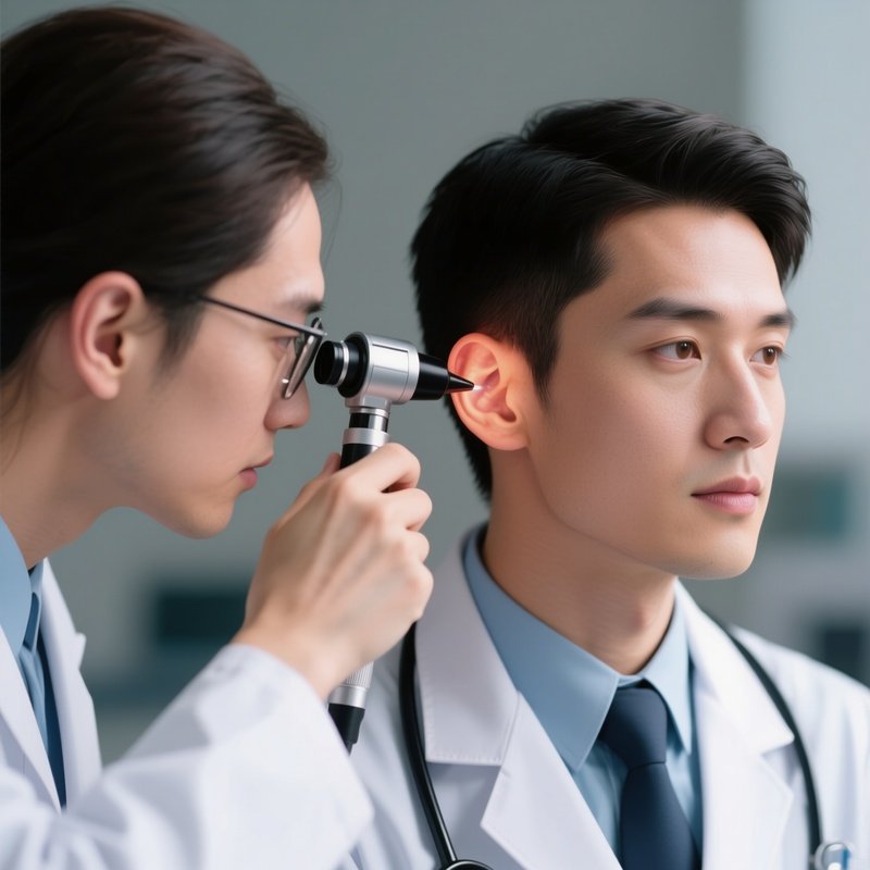 A Doctor Performing A Quick Ear Examination With An Otoscope