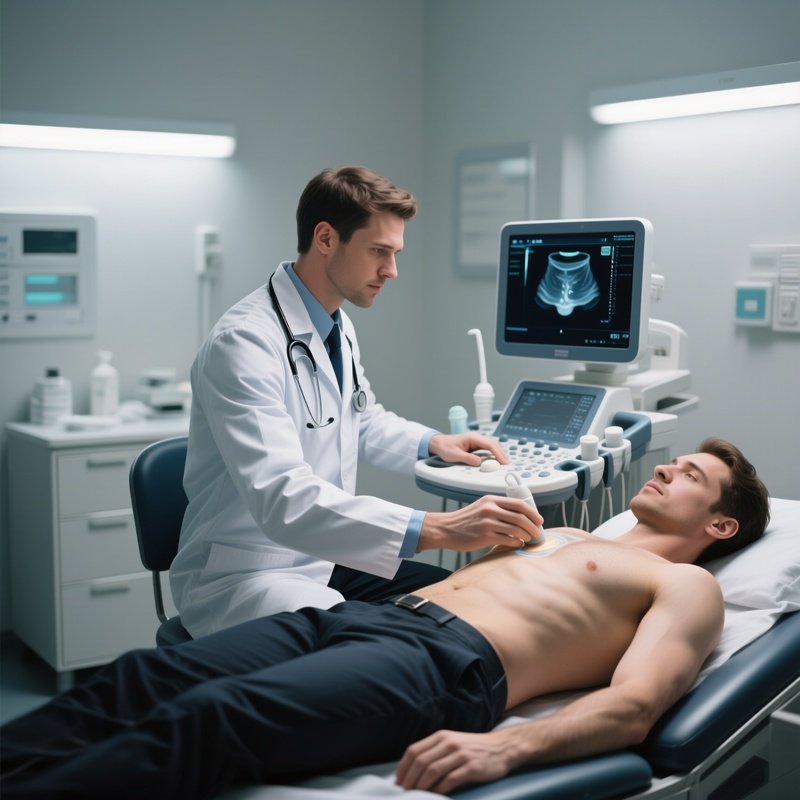 A Doctor Performing An Ultrasound In A Diagnostic Room