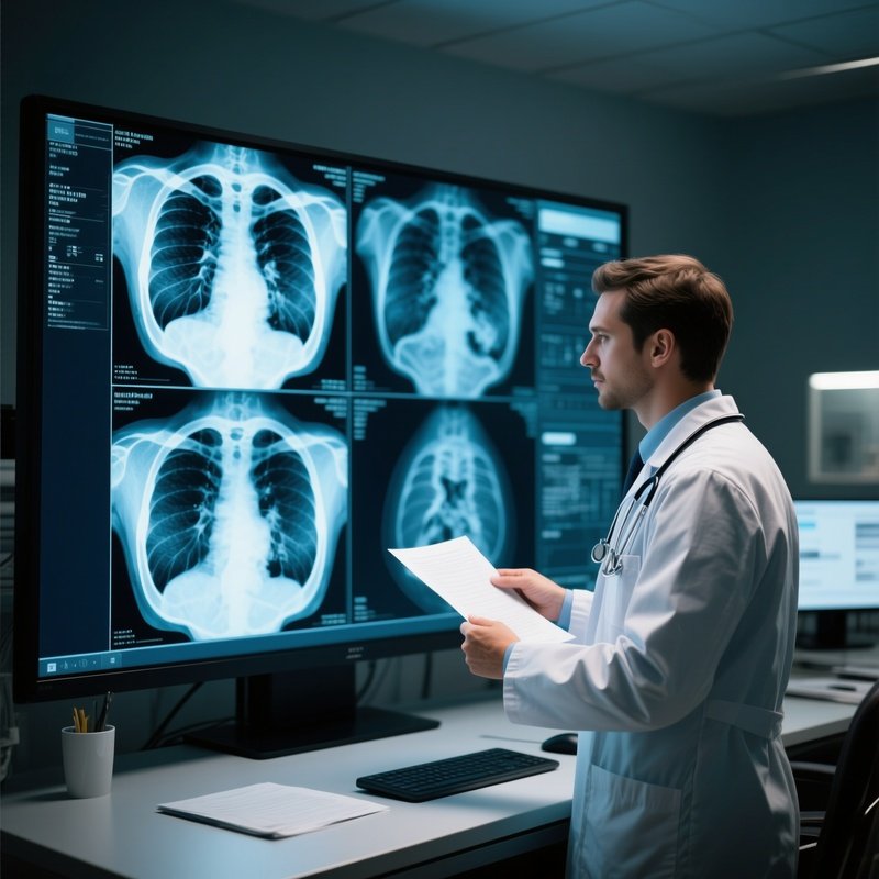 A Doctor Reviewing Ct Scans On A Large Screen