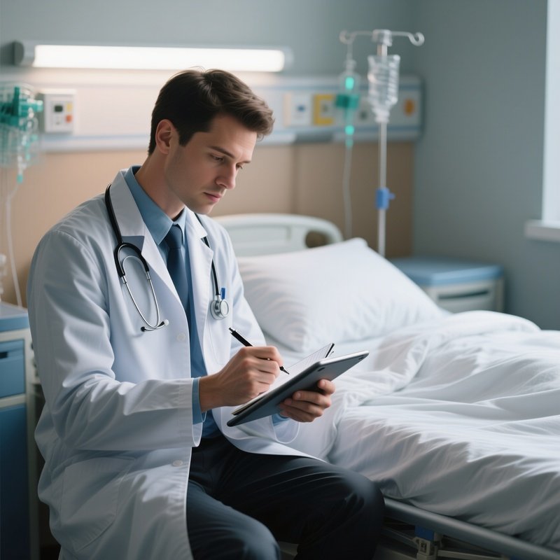 A Doctor Writing Notes On A Tablet Beside The Bed