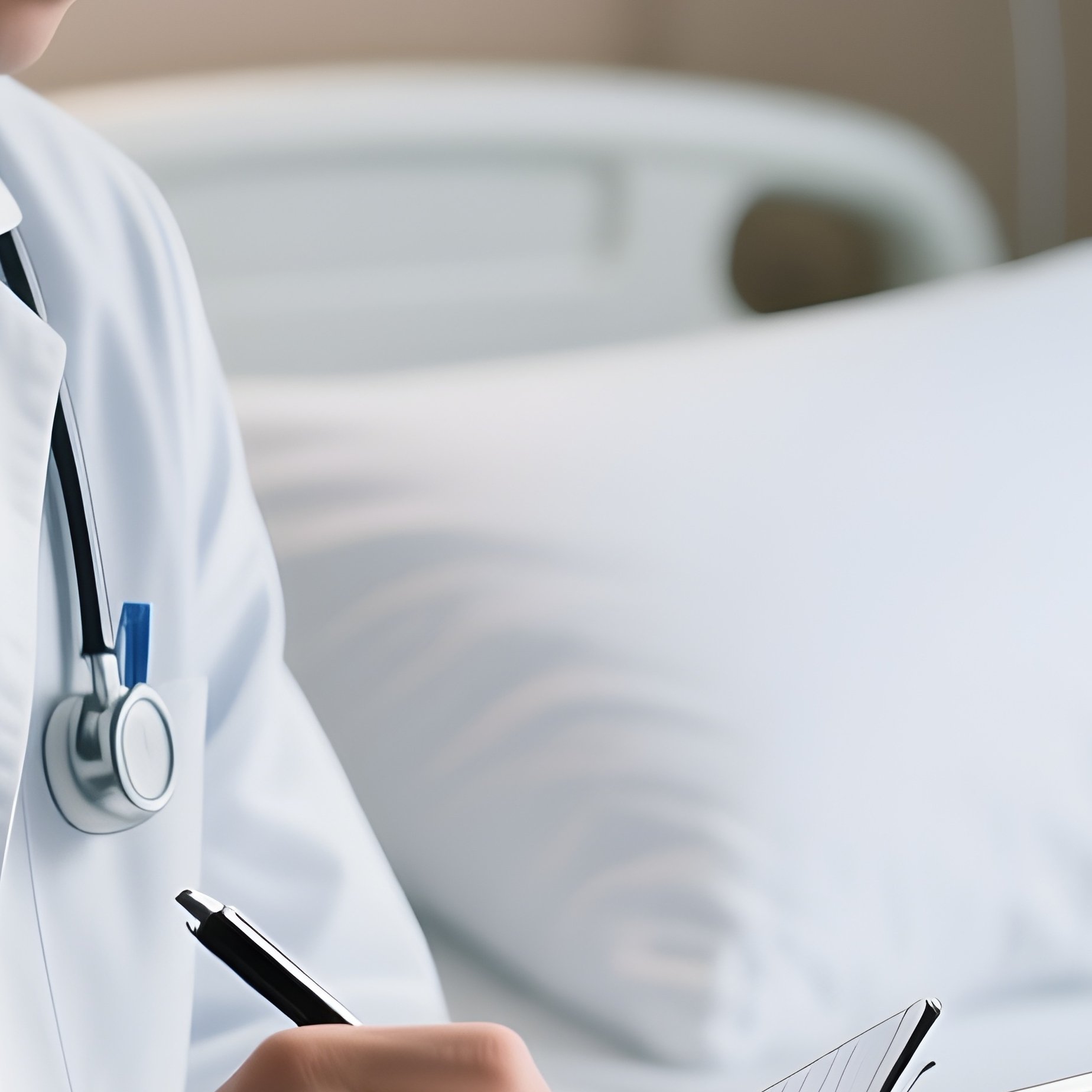 A Doctor Writing Notes On A Tablet Beside The Bed - Full Resolution Quality Preview