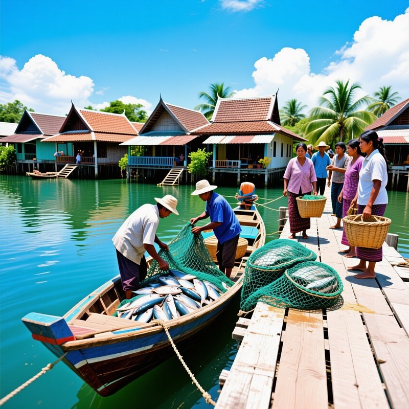 A Documentary Photograph Of A Boat Arriving At A Fishing Village In Thailand