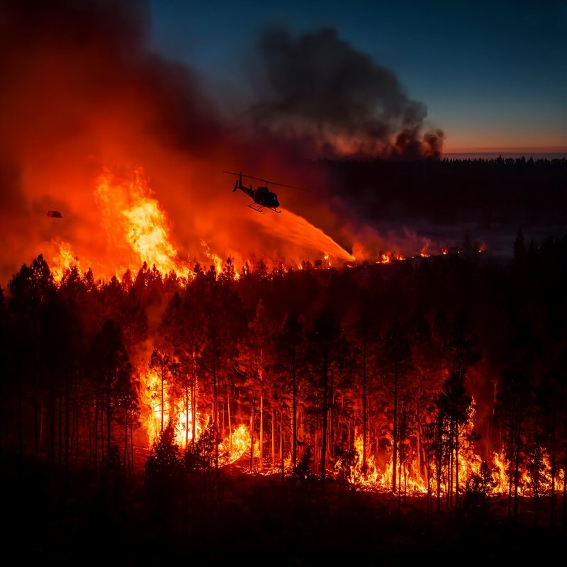 A Documentary Photograph Of A Forest Fire At Dusk