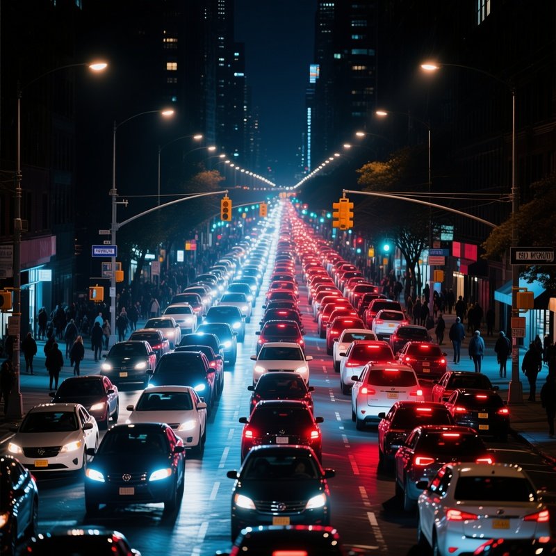 A Documentary Photograph Of A Urban Traffic Jam At Night