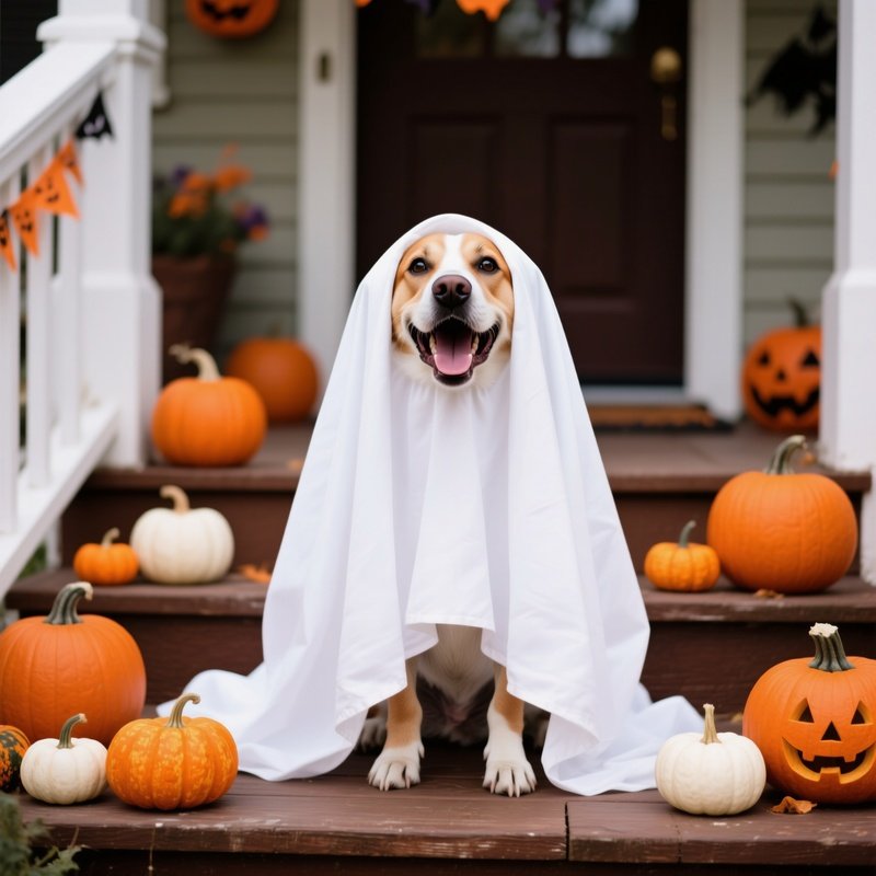 A Dog Dressed As A Ghost Halloween Dog Costume