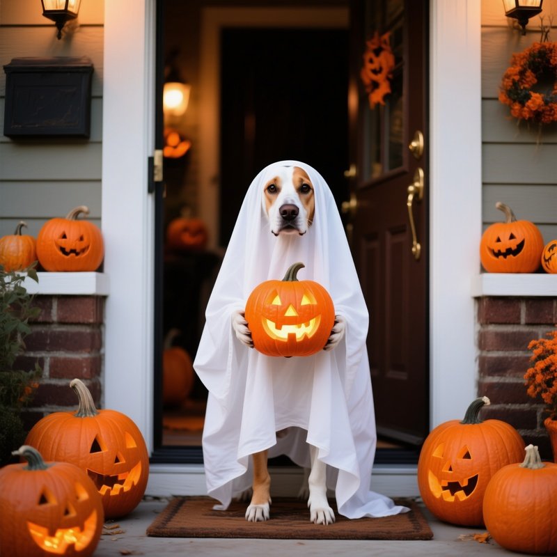 A Dog Dressed As A Ghost Holding A Pumpkin Halloween Dog