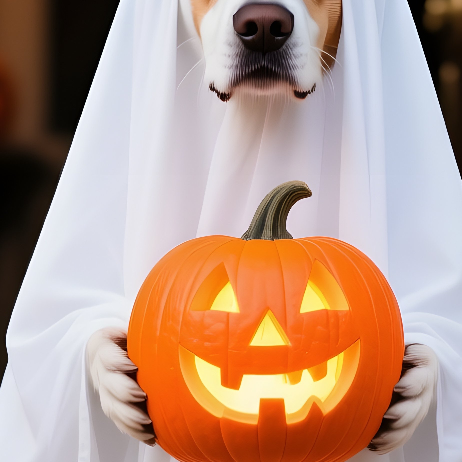 A Dog Dressed As A Ghost Holding A Pumpkin Halloween Dog - Full Resolution Quality Preview