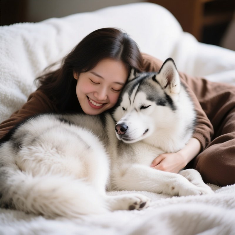 A Dog Siberian Husky Cuddling With Human
