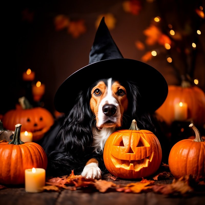 A Dog Wearing A Witch Hat Next To A Carved Pumpkin Halloween Dog