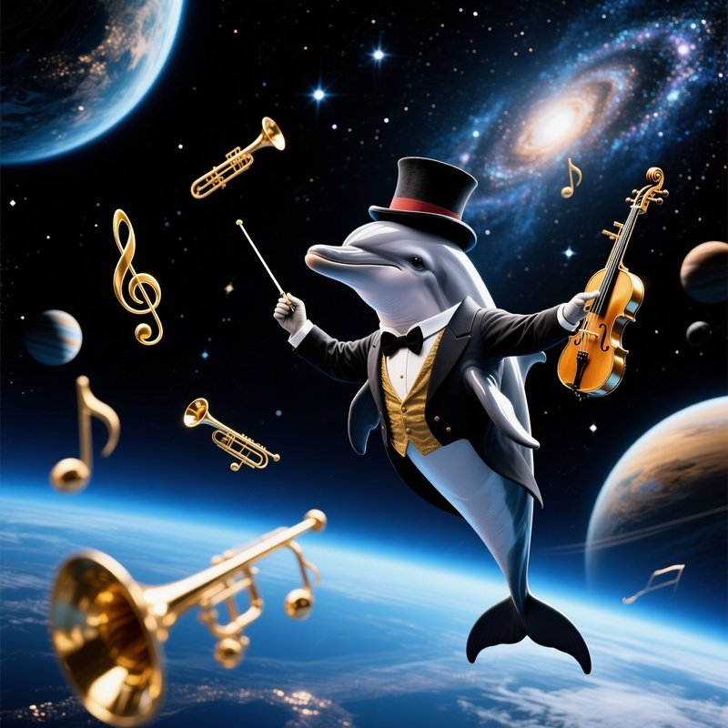 A Dolphin Conducting An Orchestra In Space