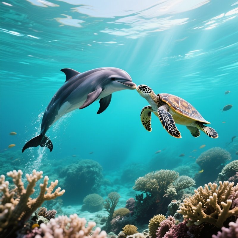 A Dolphin Leaps To Meet A Sea Turtle In Mid‑Air For A Fleeting Kiss Against A Backdrop Of Coral