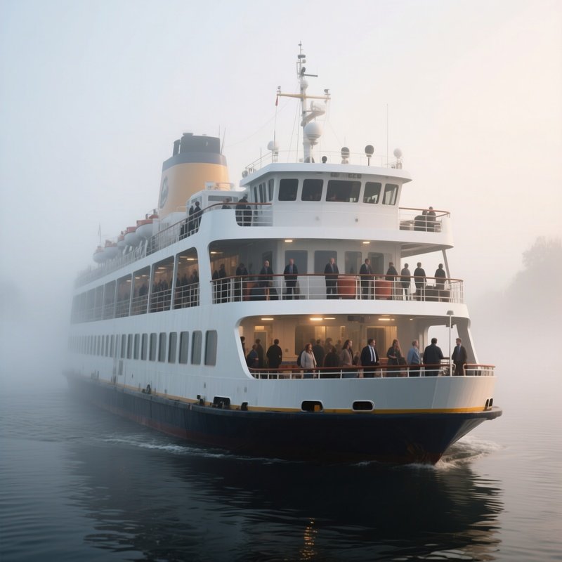 A Double Deck Ferry Carrying Commuters Through A Morning Fog