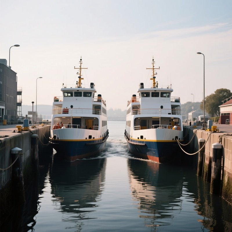 A Double Ended Ferry Slowly Turning In A Narrow Dock